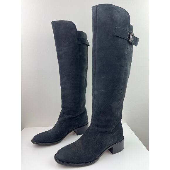 FENDI Black Nubuck Leather Knee High Riding Boots Almond Toe Heel Size 38 ITALY - Picture 1 of 14